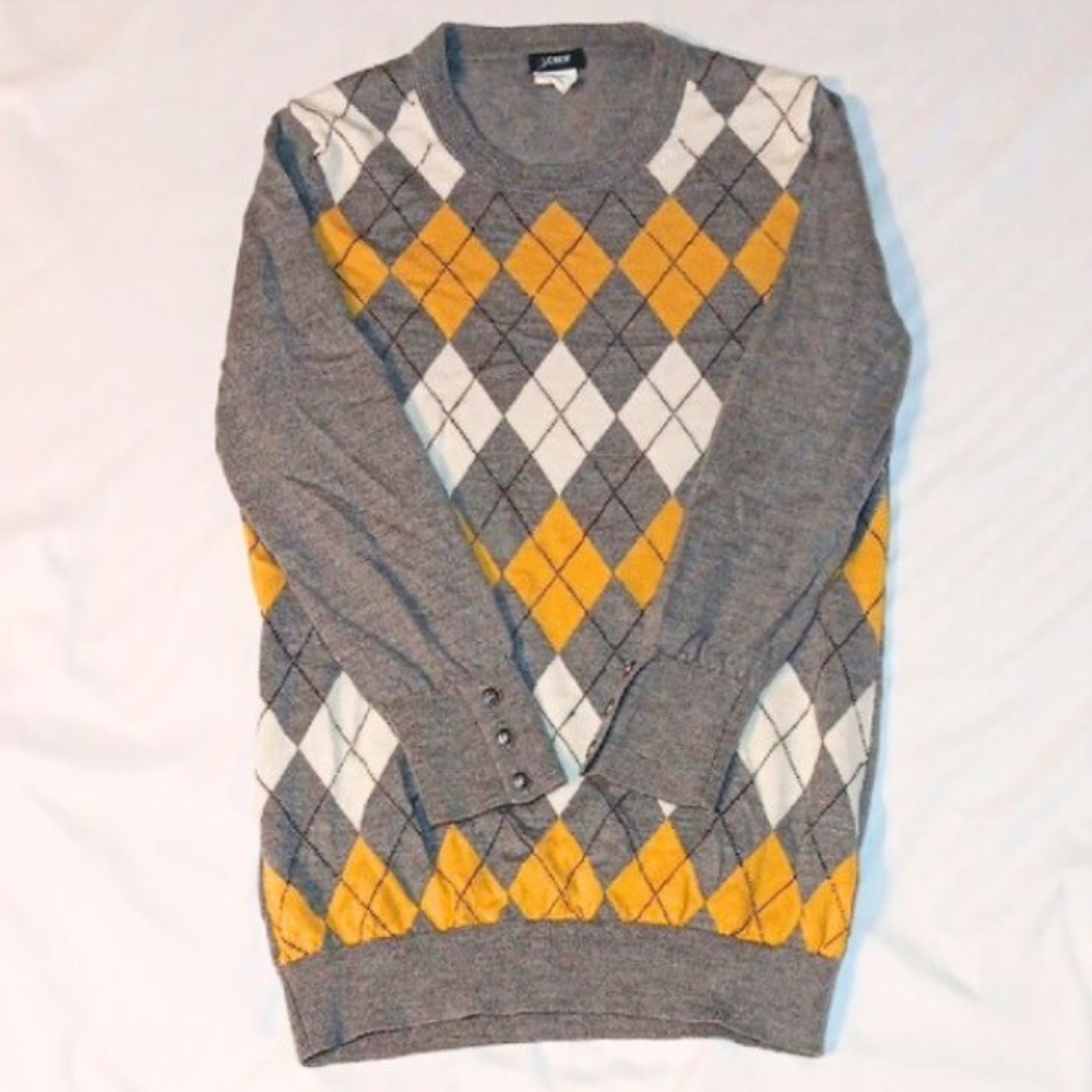 Womens J. Crew Gray and Yellow Argyle Crewneck Sweater